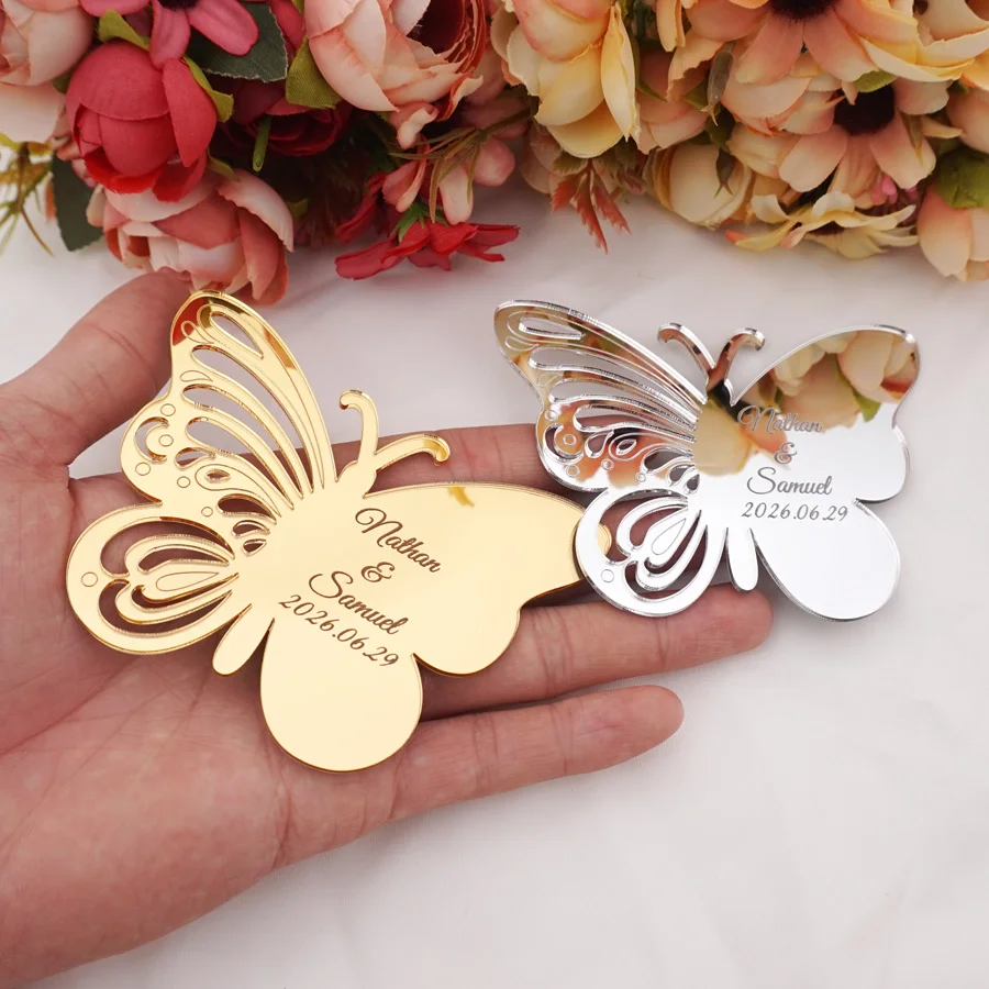 

Custom Couple Name Personalized Acrylic Mirror Butterfly Hollow Out Invitation Tags for Wedding Party Birthday Favors