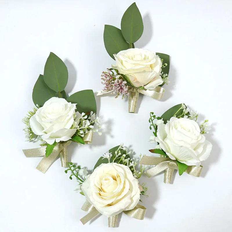 Novo boutonnieres decoração do casamento branco champanhe artificial anfitrião celebração do feriado broche flores