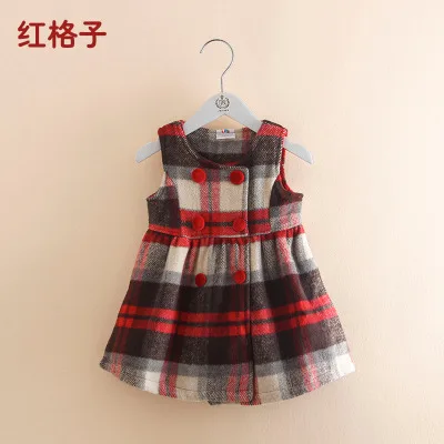 New Baby Kids Checked Vest Dresses Fall Winter Girls Casual Plaid Woolen Dress Children Bow Spliced Double Breasted Dress P310