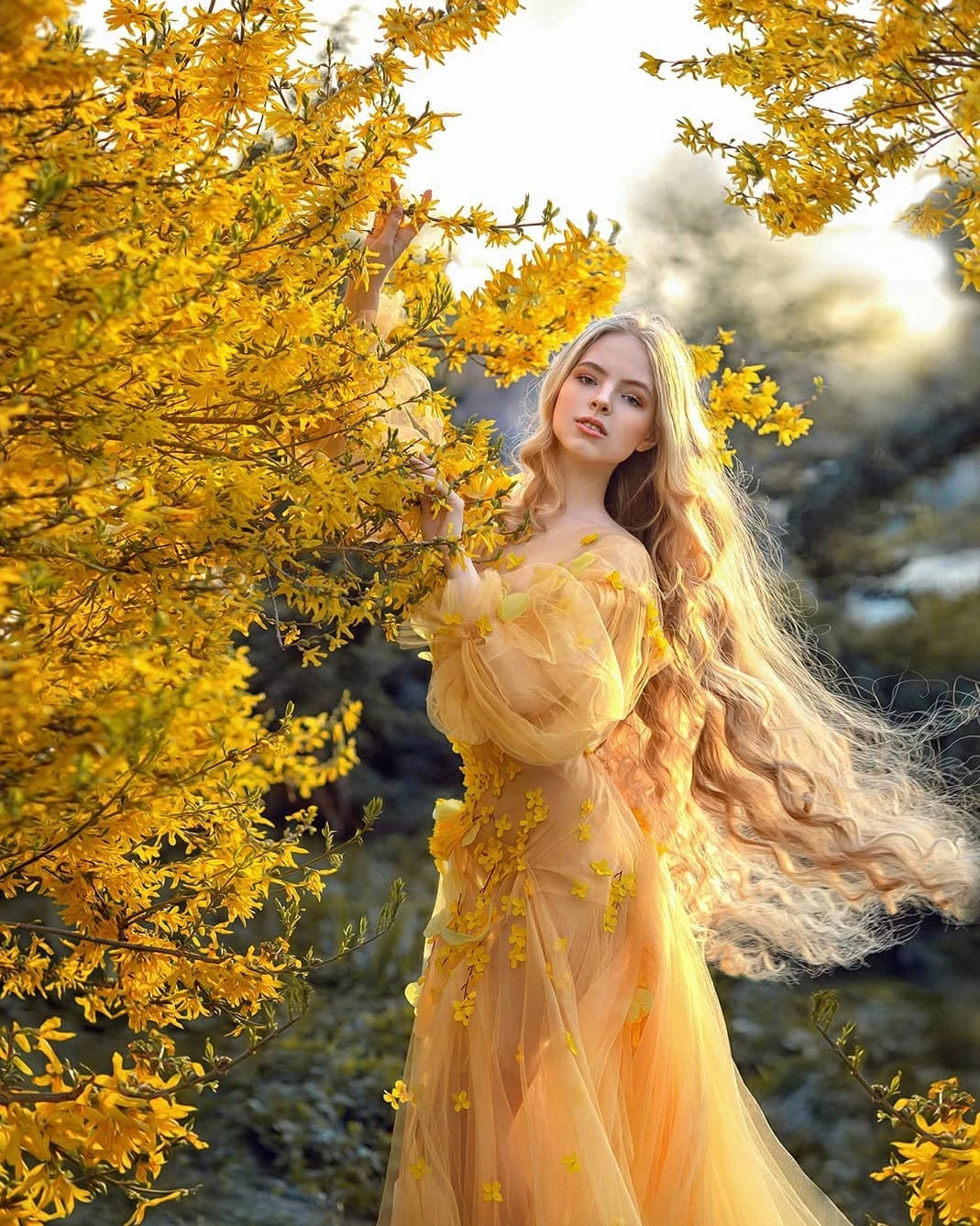 Yellow Tulle Prom Dress With 3D Flowers Floral Print Dress See-Through Sexy High Side Silt Dress With Train Photo Shoot Dresses