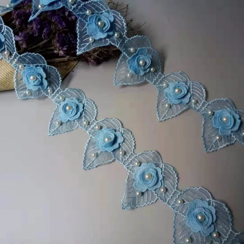 1 Yard Blue 3D Pearl Flower Heart Leaf Embroidered Net Lace Trim Ribbon Applique Patchwork Handmade Wedding Dress Sewing Craft