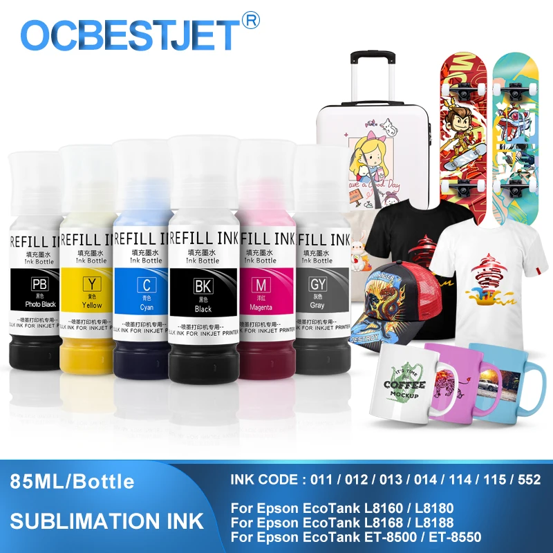 85ML Sublimation Ink For Epson 011 012 013 014 114 115 552 L8160 L8180 L8168 L8050 L8188 ET-8500 ET-8550 For T-Shirt Mug Glass