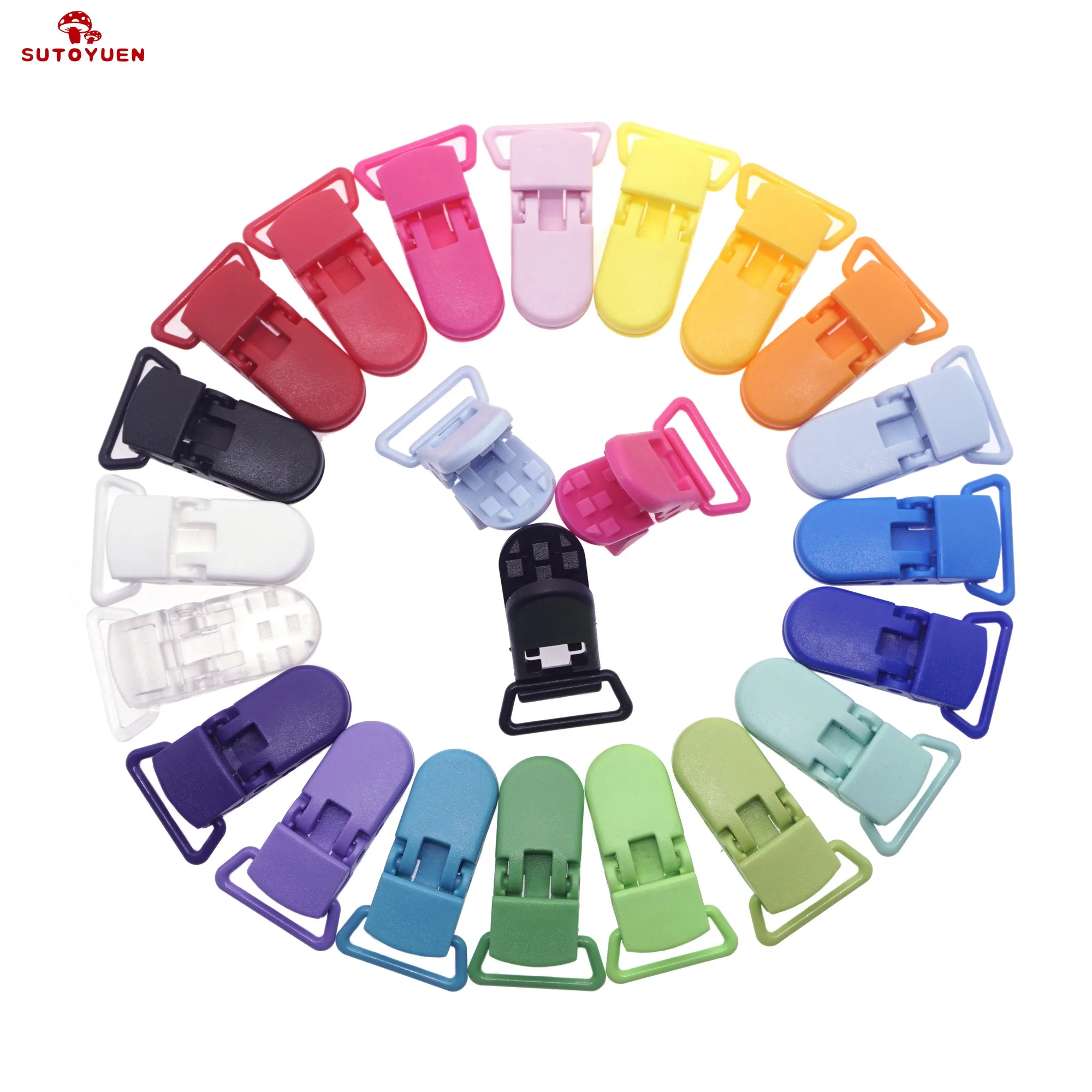 

200pcs 20mm D Shape Sutoyuen Plastic Pacifier Clip / Plastic Dummy Clip / Suspender Clip / Soother Clip 15 colors can be choose