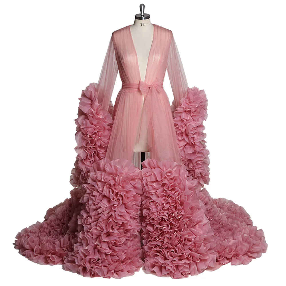 Organza Maternity Dress Flower Evening Dresses Long Sleeves Custom Made Long Sleeves Dressing Gown Women Sexy Sleepwear Dresses