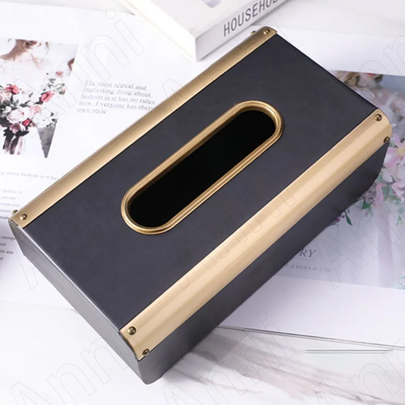 

Creativity Brass Leather Tissue Boxes Nordic Modern Golden Stroke Napkin Holder Home Living Room Bedroom Desktop Paper Towel Box