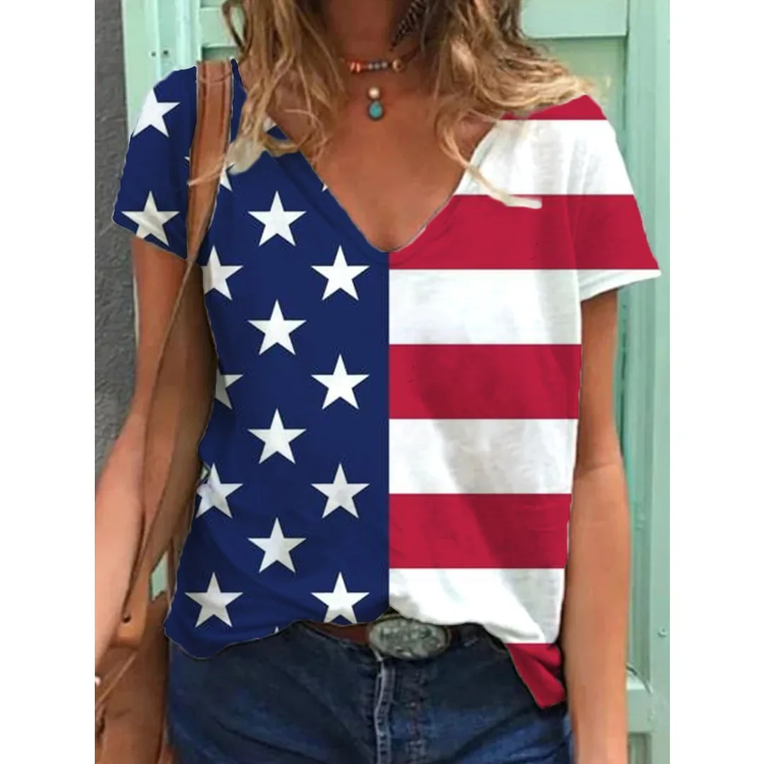 USA National Flag Printed T-Shirt Fashion Women T Shirts Short Sleeve V-Neck Streetwear Tees Harajuku Casual Y2k Cool Girls Tops