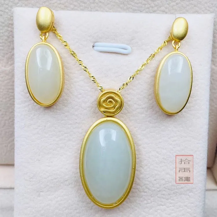 Natural hetian white jade pendant earring with gold 925 sterling silver jade pendant necklace earring sterling silver set