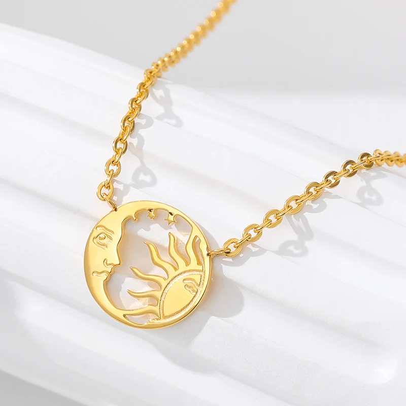 

Moon Sun Pendant Necklaces For Women Minimalist Coin Stainless Steel Gold Color Choker Charm Necklace Vintage Jewelry BFF