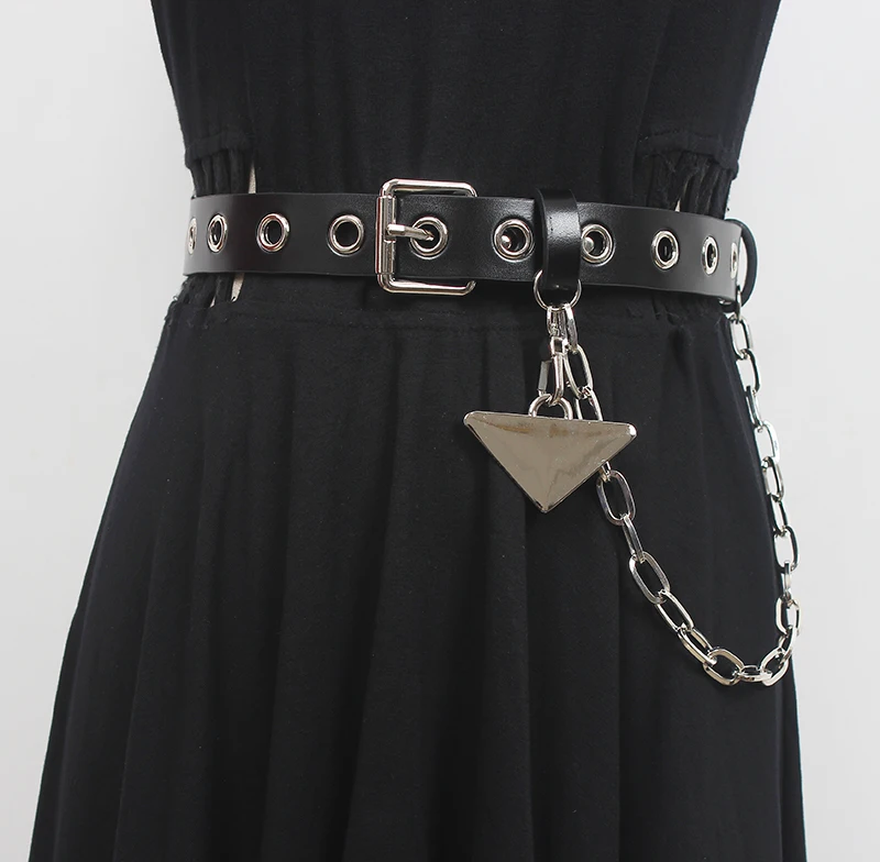 Women's Runway Fashion Genuine Leather Metal Chain Cummerbunds Female Dress Corsets Waistband Belts Decoration Narrow Belt R2832