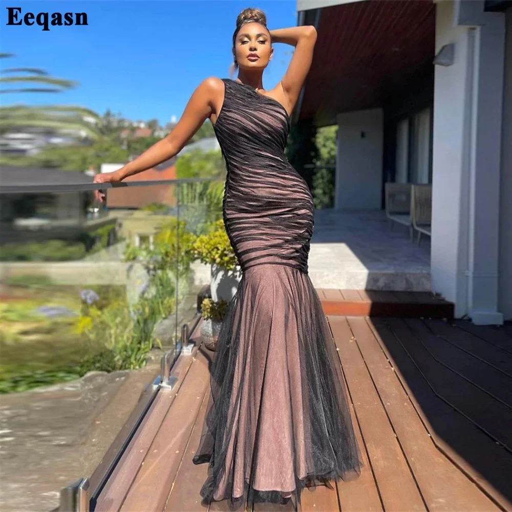 Eeqasn Black Mermaid One Shoulder Evening Dresses Pleated Floor Llength Formal Women Party Gowns Night Prom Gown Custom Made