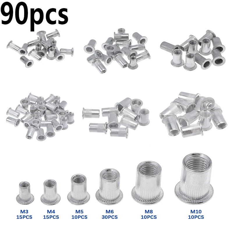 90Pcs M3 M4 M5 M6 M8 M10 Rivet Nut Aluminum Flat Head Rivet Nuts Set Insert Reveting Multi Size Rivet Nuts  Tool