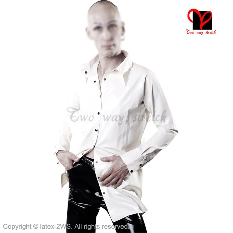 Sexy White Latex Shirt Rubber Coat Jacket Gummi Blouse  Catsuit Long Sleeve Top Uniform Button Tee Snap  Plus Size Xxxl Sy-010