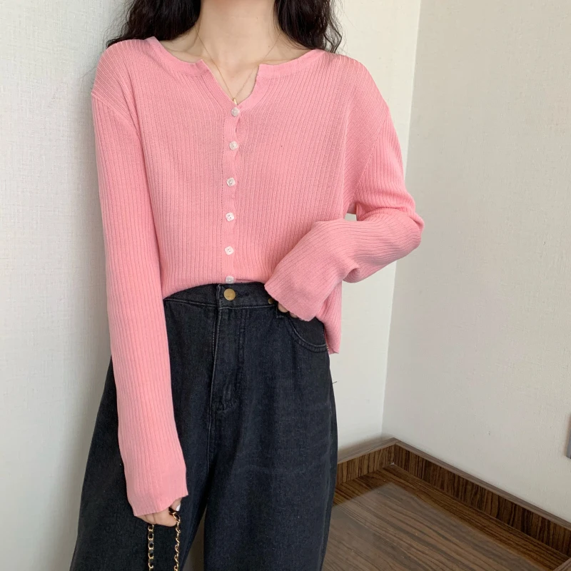 Slim Single Breasted Cardigans Women Tender Girls Long Sleeve Sunscreen Korean Style Knitted Cropped Sweaters Leisure Elasticity