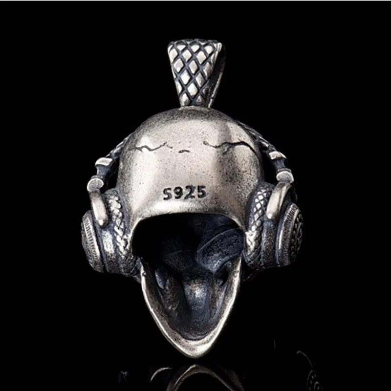 BOCAI New 100% Real Solid S925 Pure Silver Rock Jewelry Music Skull Headphones Skull Thai Man Pendant