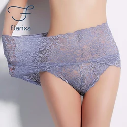 Flarixa 3Pcs Lace Panties Women's High Waist Tummy Big Size Ladies Sexy Buttocks Seamless Triangle Shorts Transparent Underwear