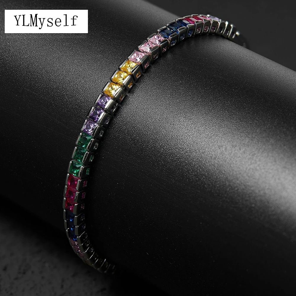 4mm Square Rainbow Zircon Tennis Bracelet Brass Metal Rhodium/Gold-Color Jewelry 7-8 Inch Adjustable Hip Hop Rock Unisex Bangle