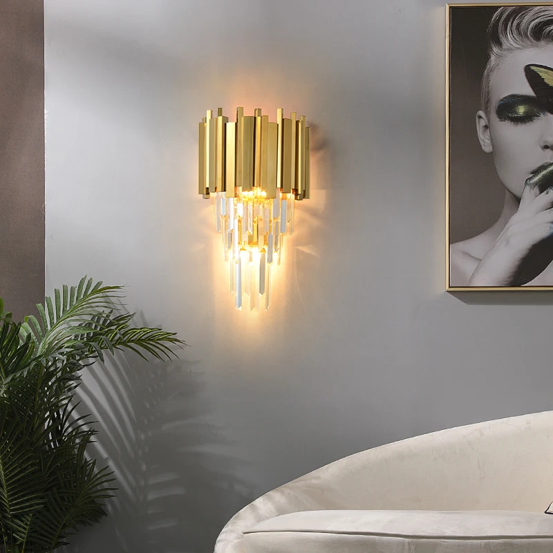Art Deco LED Postmodern Stainless Steel Crystal Golden Clear LED Lamp LED Light Wall lamp Wall Light Wall Sconce For Bedroom