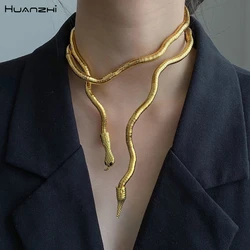 HUANZHI 2020 New Punk Cool Bendy Multilayer Metal Alloy Gold Color Black Snake Necklace and Bracelet for Women and Men Jewelry