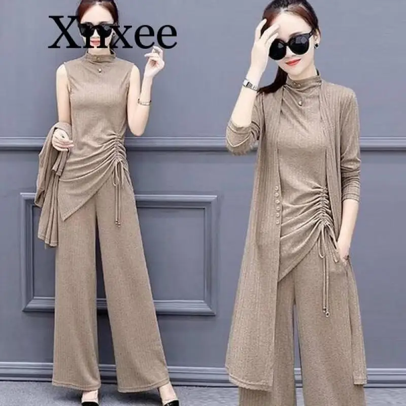 Knitted 3 Pieces Set Women Tracksuit Long Sleeve Cardigan Pullover Tops  Wide Leg Pants Suit Women\'s Sets Brown Office Elegant