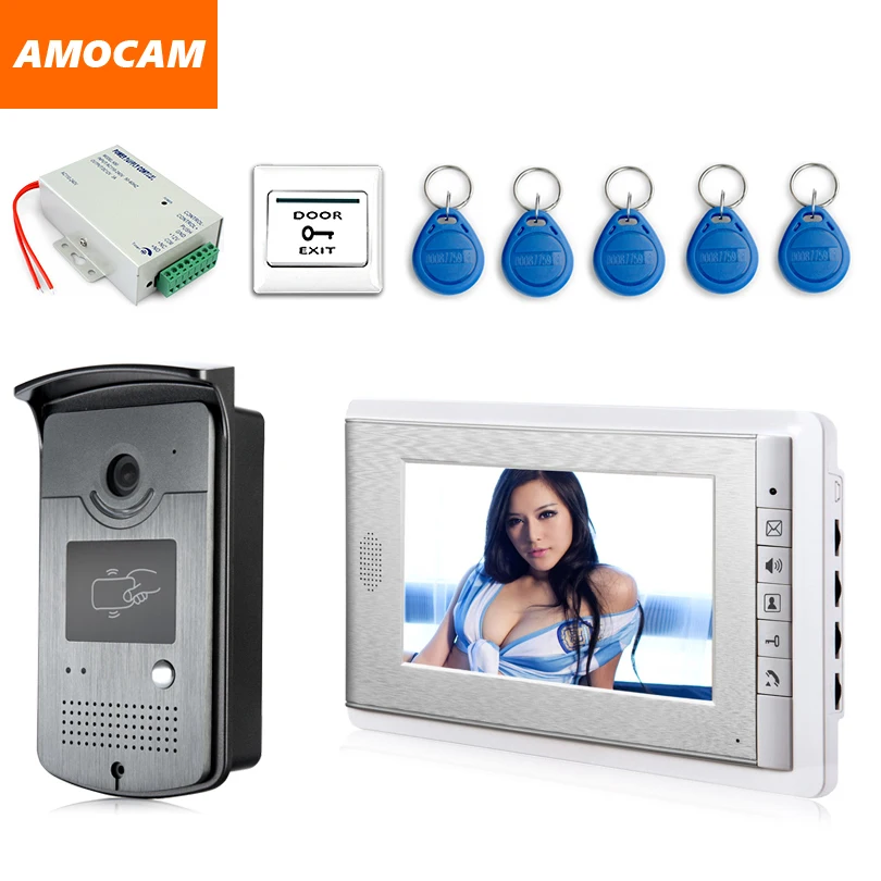 

7" Screen Video Door Phone Doorbell System night vision Camera Power Supply+ Door Exit+ ID Keyfobs video intercom for home villa