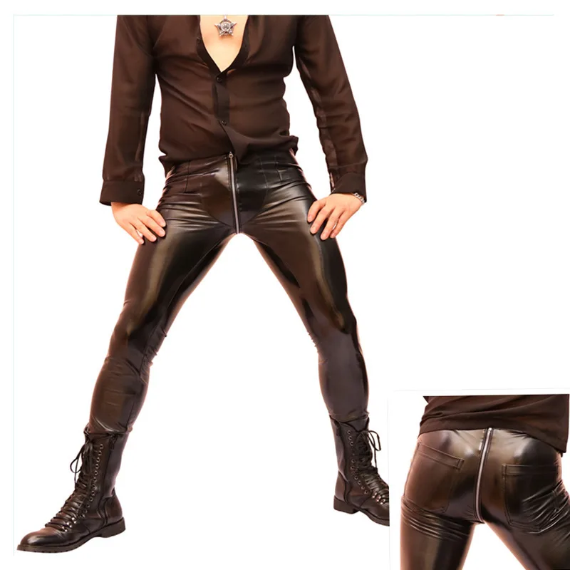 Mens Bottoms High Stretch Tight PU Faux Leather Skinny Pencil Pants Casual Trousers Zipper Open Crotch Punk Style Stage Leggings