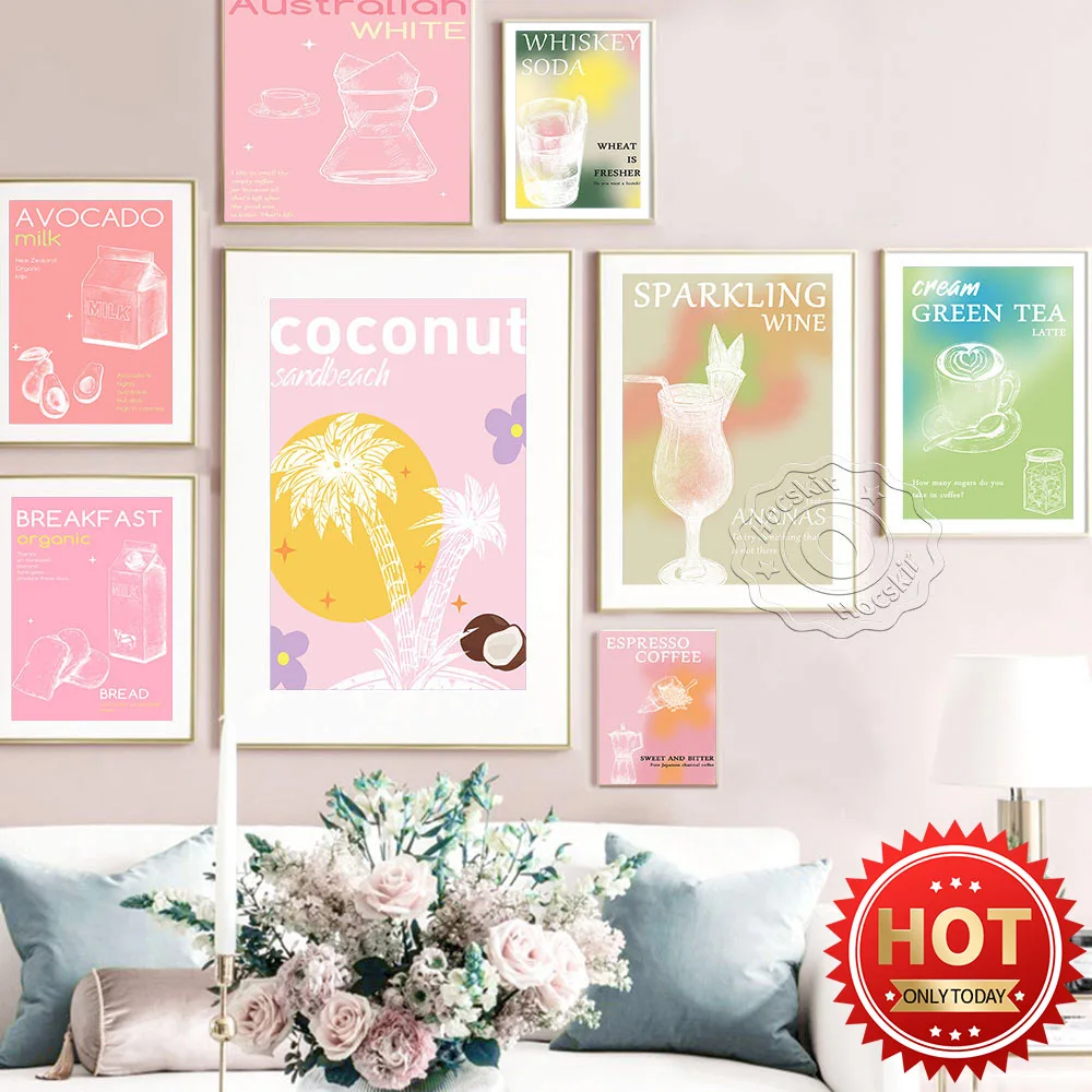 Póster de libro de cocina para bebidas, impresiones artísticas de café Espresso, té verde, Latte, vino espumoso, whisky, Soda, leche, bebida de coco, decoración de pared