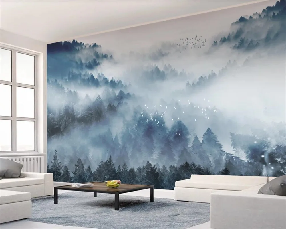 Customized 3D Wallpaper Mural New Chinese Landscape Forest Living Room TV Background Wall Mural Decoration