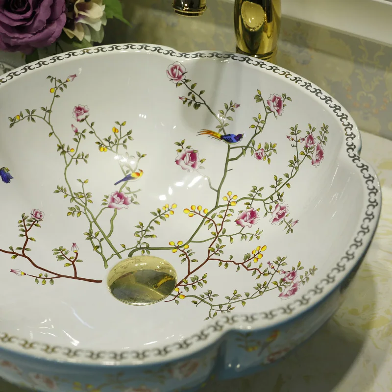 Jingdezhen Blue white Flower and Bird Vessel Sink Flower Shape pink Ceramic Counter top Art Wash Basin for Bathroom