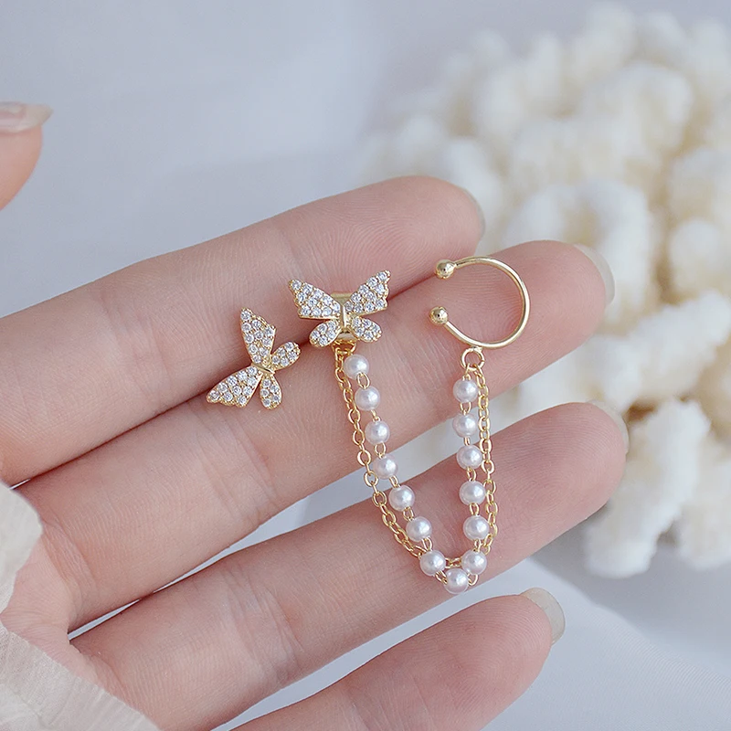 

Korean Temperament Pearl Butterfly Ear Bone Clip Earrings 14k Plated Gold Bling Delite Zircon Earring Wedding Bridal Jewellery