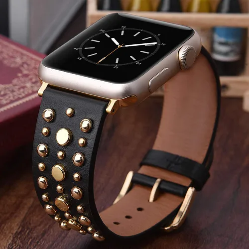 Imagen 1 del producto Correa de cuero con remaches para Apple Watch, pulsera de bucle de 7, 6 SE 5, 4, 41mm, 45mm, 44mm y 40mm para iWatch, correas de reloj de 3 38/42mm