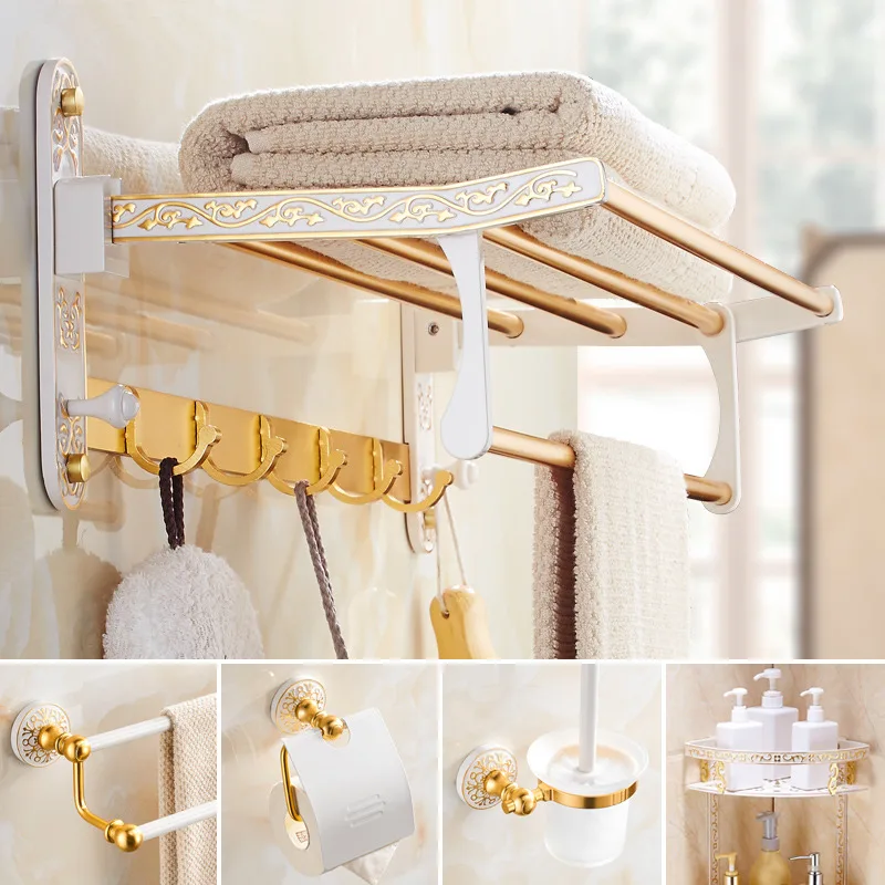 Bathroom Accessories Fashion Aluminum Alloy Towel Shelf Tissue Rack Hook Toilet Brush Holder Soap Dish Carved Bath Hardware Sets