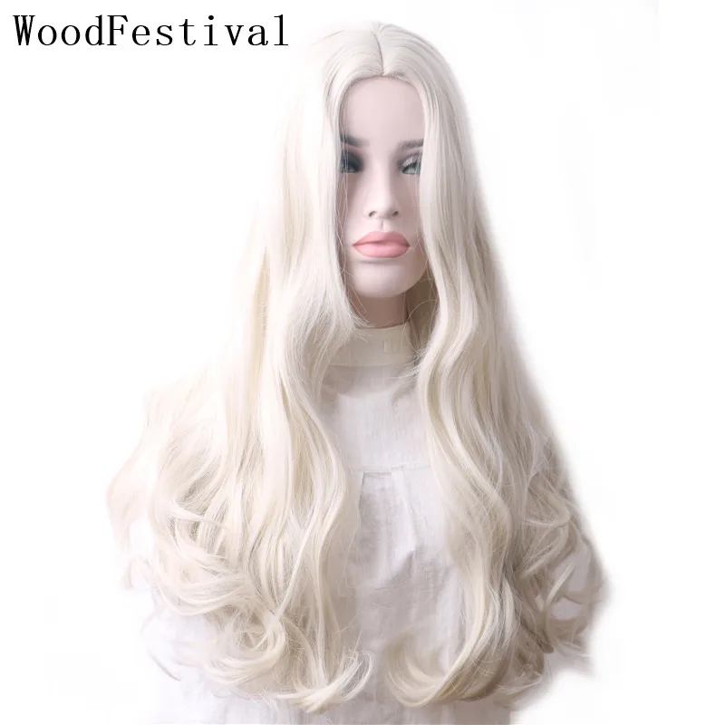 WoodFestival Wavy Synthetic Hair Wig Cosplay Long Wigs For Women Blonde Pink Red Purple Black Green Blue Grey Dark Brown Colored