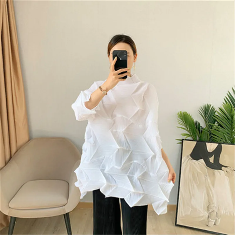 Miyake pleated diamond pleated tops women's summer new messy pleated wide version T-shirt loose large size mid-length all-match