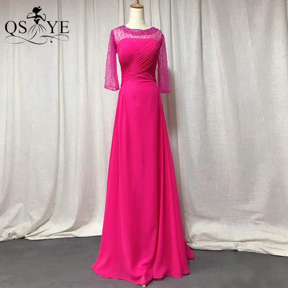 

Fuschia Chiffon Bridesmaid Dresses Long Sleeves Beaded Shoulder A line Evening Gown Ruched Bodice Scoop Neck Prom Party Dress