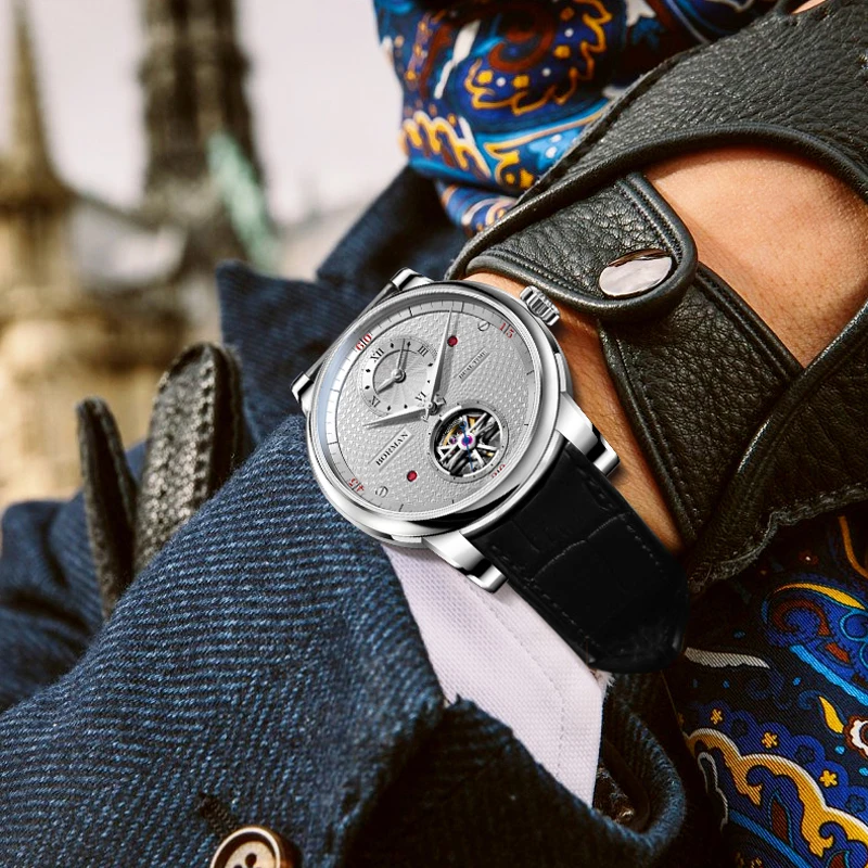 BORMAN doppio fuso orario scheletro orologi da uomo quadrante bianco vetro zaffiro impermeabile cinturino in vera pelle orologio meccanico automatico