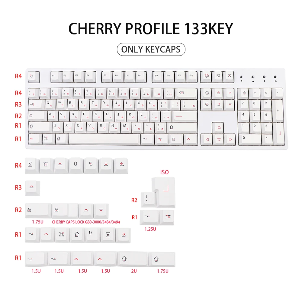 DYE-Sub Keycaps 133 Keys Cherry Profile PBT Japanese Keycap White Theme Minimalist Style Suitable For Mechanical Keyboard ISO