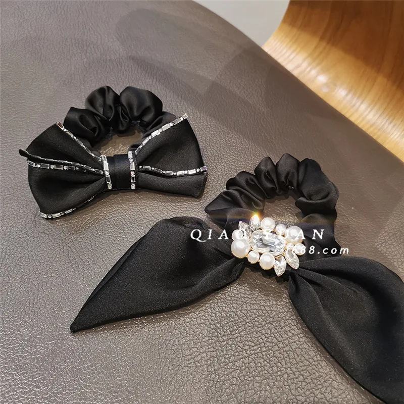 Rhinestone Rabbit Ear Hair Ties Hair Bands 2021 Elegant Top-grade Luxury Crystal Pearl Big Bow Silk Elastic Hair Bands Wholesale