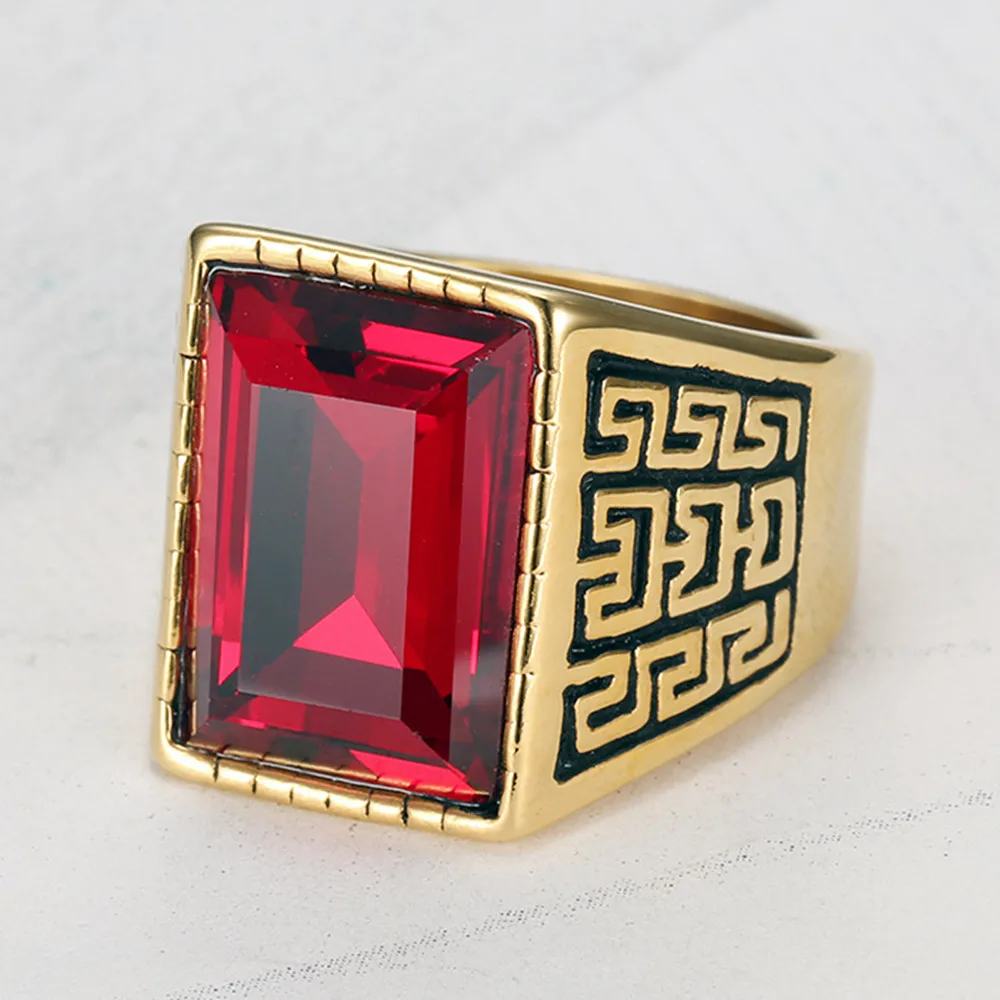 Anillos de diamantes de gemas para hombres, piedras preciosas de cristal rojo cuadrado grande Vintage, Topacio rubí, oro de 18k, lleno de titanio, bandas de acero inoxidable