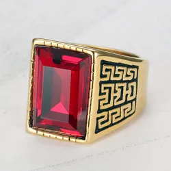 Vintage Big Square Red Crystal Ruby Topaz Gemstones Diamonds Rings for Men 18k Gold Filled Titanium Stainless Steel Bague Bands