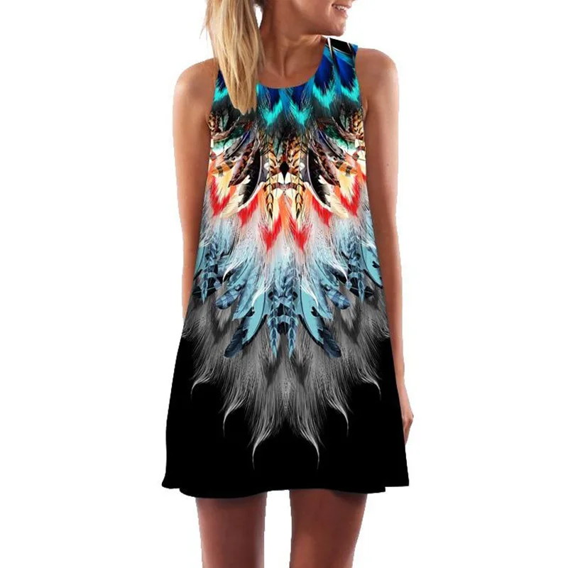 Nieuwe Zomer Dames Jurk Fashion 3D Digital Printing O-hals Off Shoulder Mini Jurk Vrouwen Losse Casual Beach Holiday Zonnejurk