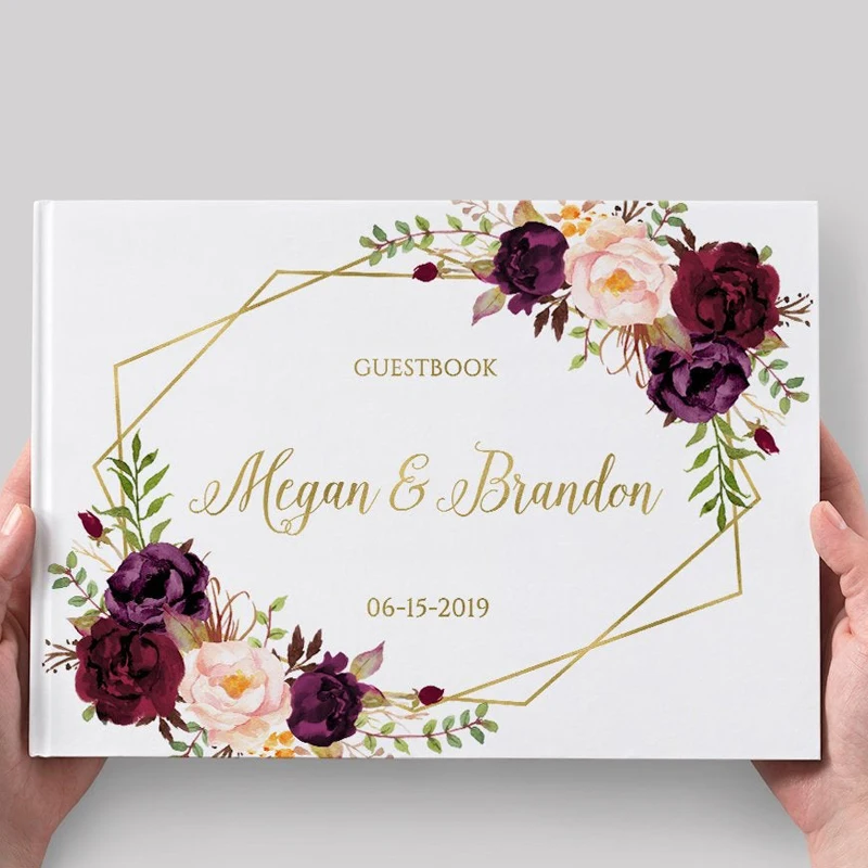 Alternative Wedding Guest Book Geometric Gold Wedding Guestbook Burgundy Floral Personalized Wedding Album Wedding Photo Sign