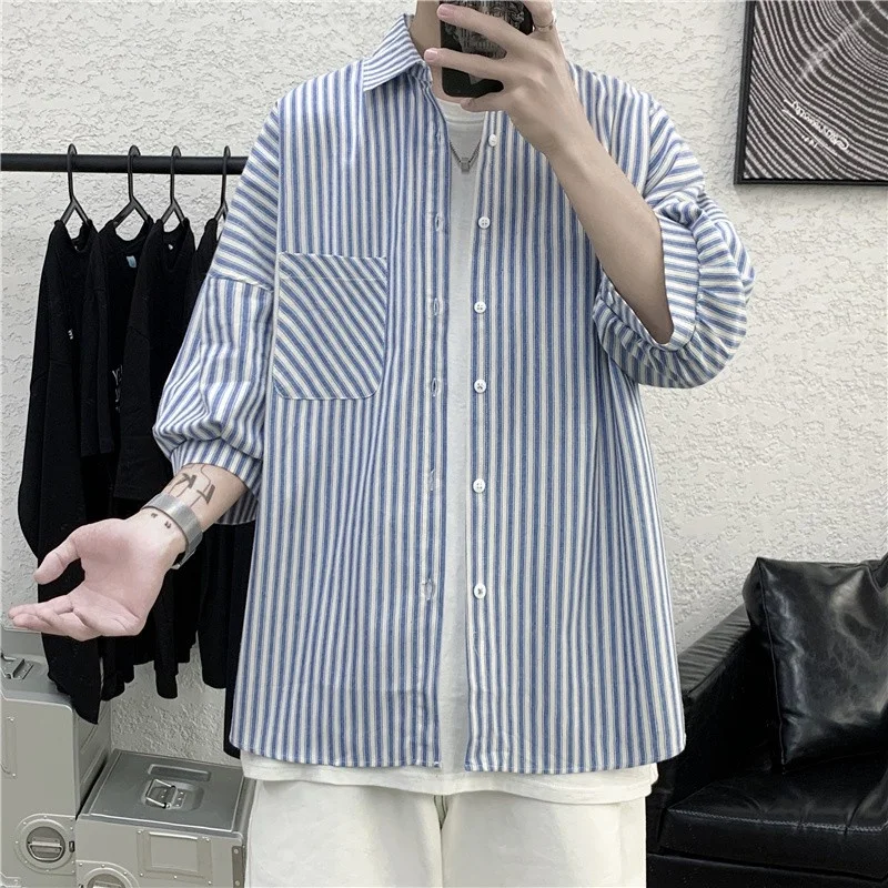 Men Summer Three Quarter Casual Shirts Classic Lapel Collar Single Breasted Striped Tops Harajuku Loose Chemise Homme Streetwear