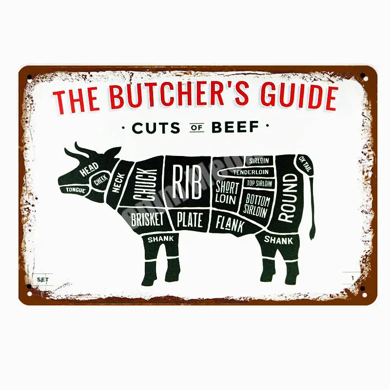 BUTCHER\'S GUIDE Vintage Metal Signs Cut Beef Cow Chicken Pork Duck Poster Kitchen Decorative Plates Plaque Wall Stickers N286