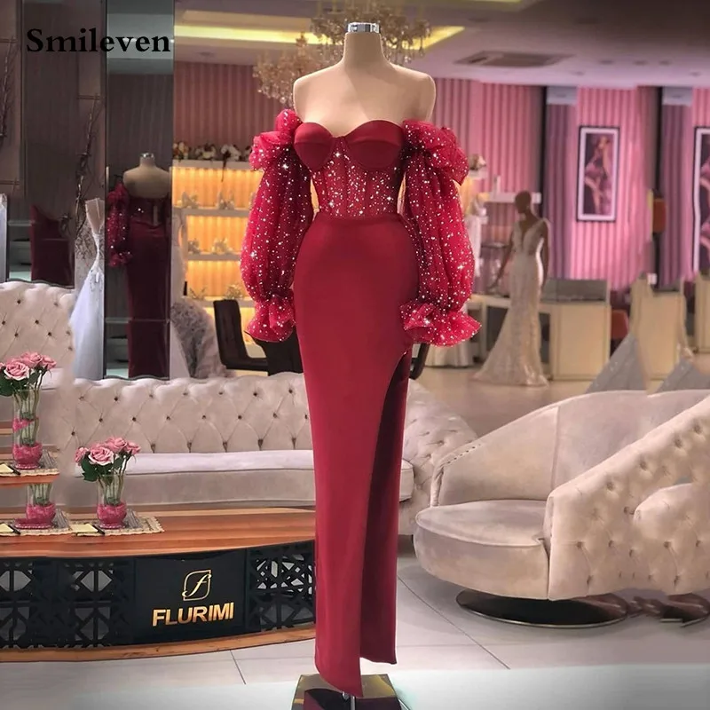 Smileven – robe de soirée sirène en Satin rouge, manches longues bouffantes, robe de bal fendue sur le côté, robe de soirée