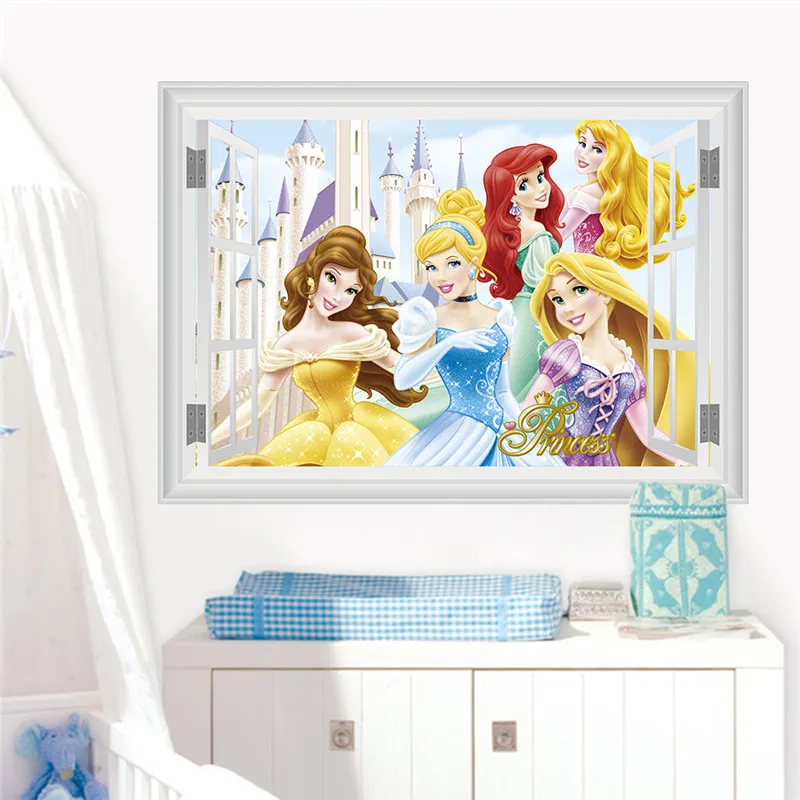 3d vivid Cartoon Belle Ariel Belle Aurora Princess Wall Stickers For Kids Room Girls bedroom Home Decoration Mural Wall Decals