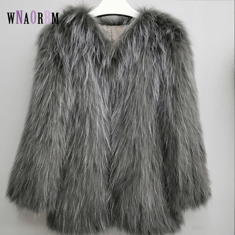 Length 70 cm women knitted real fox fur overcoat new fashion stlye female coat Raccoon fur Hand woven coat beads detachable