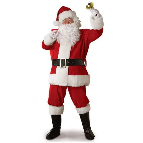 Homem natal papai noel cosplay traje festival roupas conjunto vermelho velo casaco de pelúcia + calças chapéu cinto barba sapatos