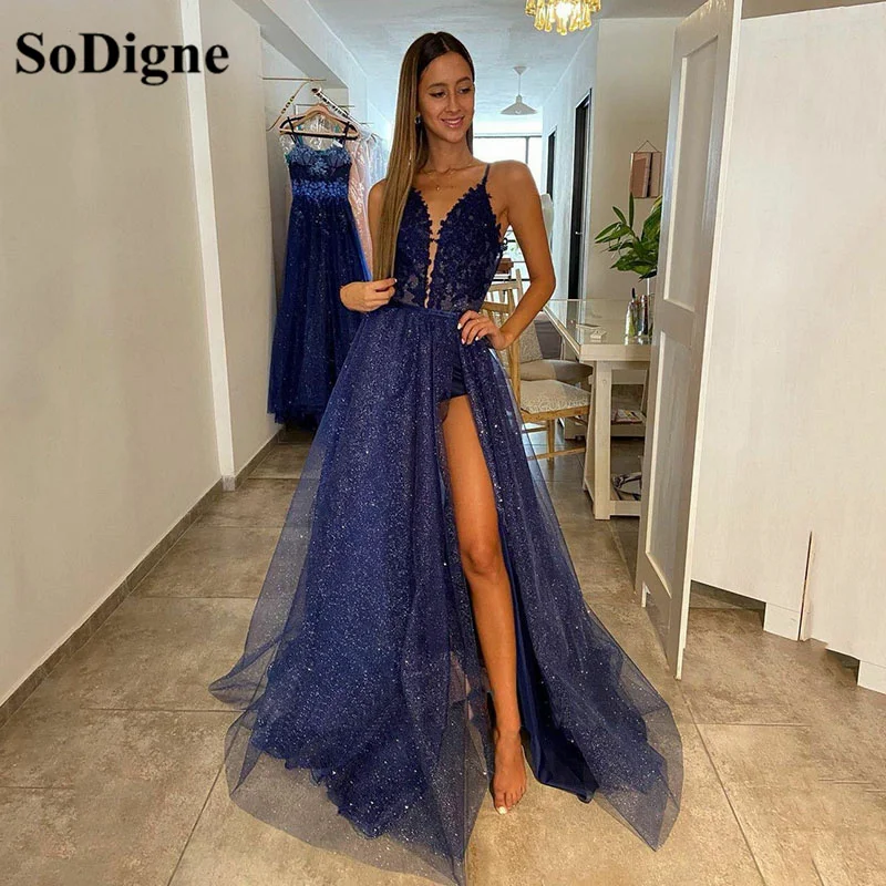 SoDigne-vestido de noche azul marino de tul brillante para mujer, vestido Formal con abertura lateral, tirantes finos, encaje, fiesta de graduación