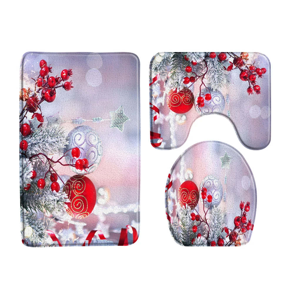 Christmas Decor Bathroom Mat Set Red Christmas Ball New Year Xmas Home Non-slip Carpet Flannel Bath Mats Toilet Lid Rug Door Pad