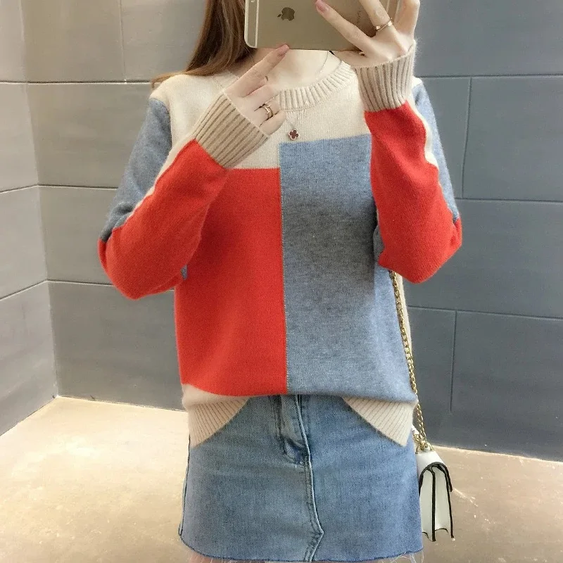 New Multicolor Autumn Winter Women Sweater 2019 Long Sleeve O-Neck Knitted Jumper Top Loose Casual Warm Femme Sweater